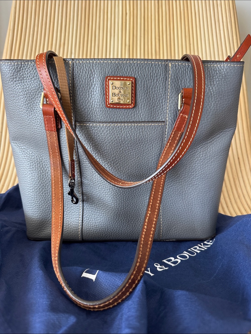 Dooney & Bourke Gray Leather Tote with Brown Trim and Straps